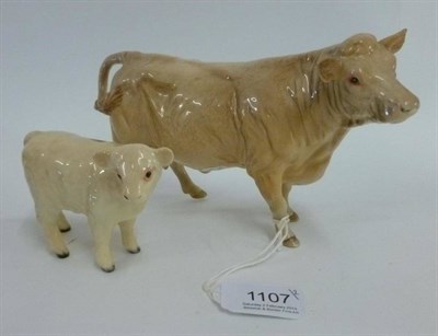Lot 1107 - Beswick Charolais Cow and Calf, models 3075A and 1827B, both cream gloss (2)