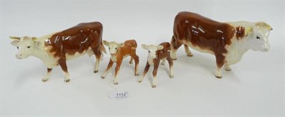 Lot 1112 - Beswick Hereford Bull, Cow and Two Calves,  all early version models, bull, model No. 949, cow,...