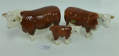 Lot 1113 - Beswick Hereford Bull, Cow and Calf, bull model No. 1363A, cow model No. 1630 and calf model...