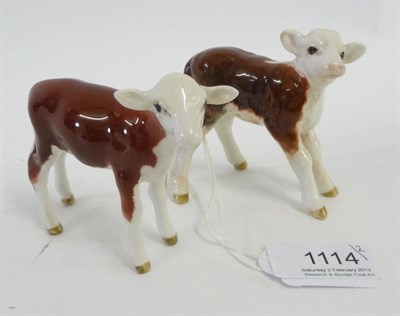 Lot 1114 - Two Beswick Hereford Calves, models 1249E (skinny) and 1406B (splayed legs), both brown and...