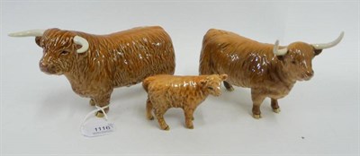 Lot 1116 - Beswick Highland Bull, Cow and Calf, models 2008, 1740 and 1827D, all tan/brown gloss (3)