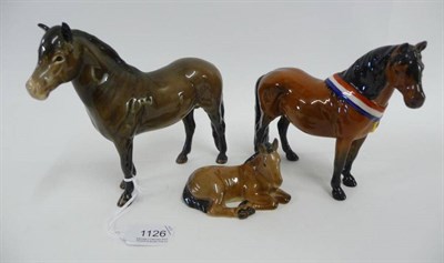 Lot 1126 - Beswick Exmoor Pony 'Heatherman', model No. 1645, brown gloss, 16.5cm high; Dartmoor Pony Mare...