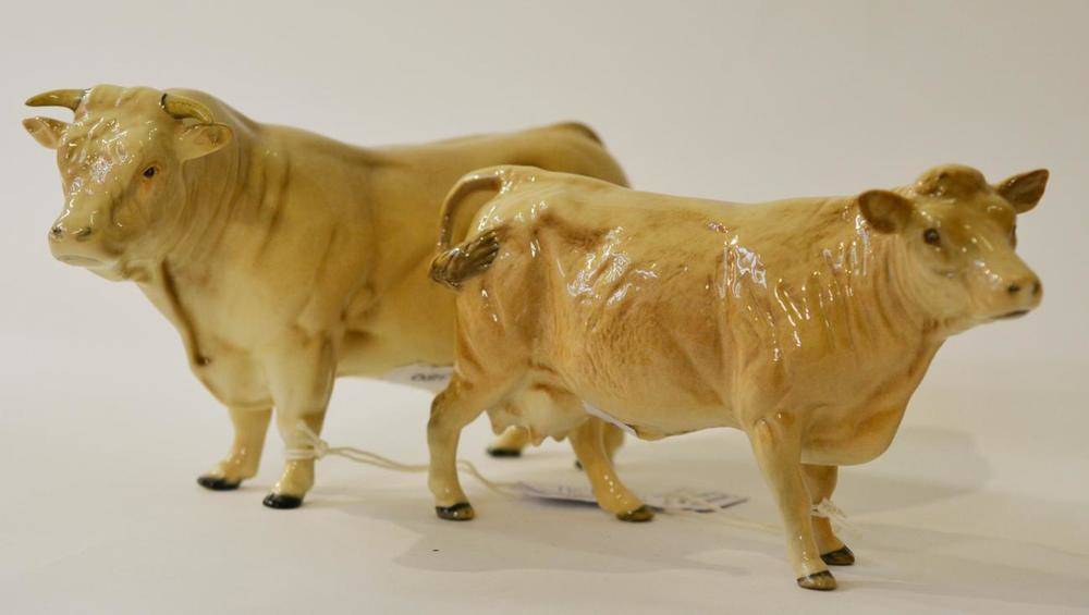 Lot 1161 - Beswick Charolais Bull, model No. 2463A, cream gloss, 12.7cm high; Beswick Charolais Cow, model No.