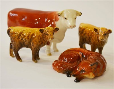 Lot 1186 - Beswick Hereford Cow, model No. 1360, 10.8cm high; Two Beswick Highland Cattle Calves; Beswick...