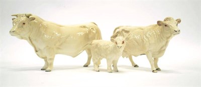 Lot 1018 - Beswick Cattle; Charolais Bull, Cow and Calf, models 2463A, 1827B and 3075A, all gloss (3)