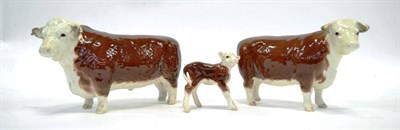 Lot 1022 - Beswick Cattle; Hereford Bull, model No. 1363A; Hereford Cow, model No. 1360; Hereford Calf,...