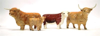 Lot 1023 - Beswick Cattle; Highland Bull, model No. 2008, Highland Cow, model No. 1740 and Highland Calf,...