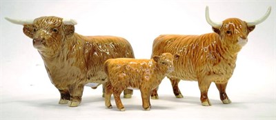 Lot 1024 - Beswick Cattle; Highland Bull, model No. 2008; Highland Cow, model No. 1740; Highland Calf,...