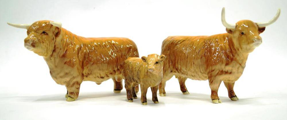Lot 1025 - Beswick Cattle; Highland Bull, model No. 2008; Highland Cow, model No. 1740; Highland Calf,...