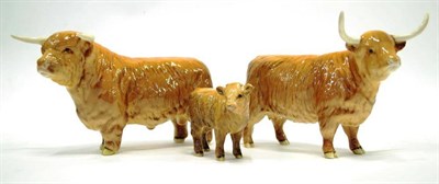 Lot 1025 - Beswick Cattle; Highland Bull, model No. 2008; Highland Cow, model No. 1740; Highland Calf,...