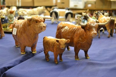 Lot 1026 - Beswick Cattle; Highland Bull, model No. 2008; Highland Cow, model No. 1740; Highland Calf,...