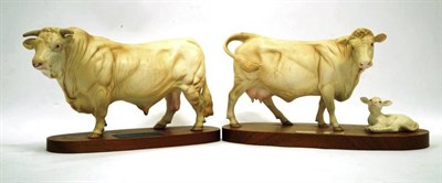 Lot 1028 - Beswick Charolais Bull, model A2600, on wood base; Beswick Charolais Cow & Calf, model numbers...