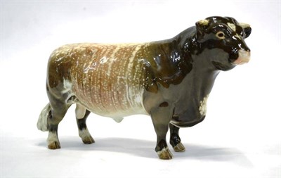 Lot 1031 - Beswick Dairy Shorthorn Bull, Ch. 'Gwersylt Lord Oxford 74th', model No. 1504, brown with cream...