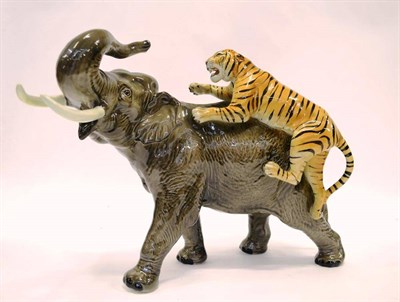 Lot 1034 - Beswick Elephant and Tiger, model No. 1720, Grey, tan with black stripes gloss