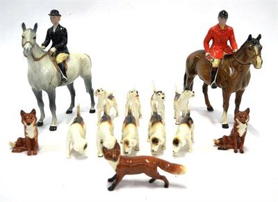 Lot 1035 - Beswick Fox Hunting Group Comprising; Huntsman, model No. 1501, brown gloss; Huntswoman, model...