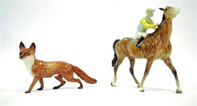 Lot 1051 - Beswick Racehorse and Jockey (Walking Racehorse), model No. 1037, colourway No.1, green and...