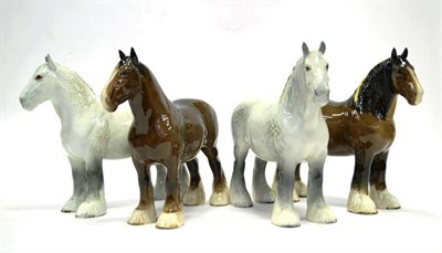 Lot 1052 - Beswick Shire Horses; 'Shire Mare', (without harness), model No. 818, grey gloss (x2) and brown...