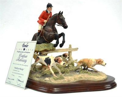 Lot 1073 - Border Fine Arts 'Halloa Away', jumping huntsman and three hounds, model No. L104 by Anne Wall,...