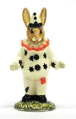 Lot 1111 - Royal Doulton 'Clown Bunnykins', model No. DB128, wearing a white outfit with black stars,...