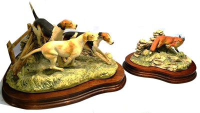 Lot 1029 - Border Fine Arts 'Forrard Away', three hounds chasing a fox, model No. L64 by Elizabeth Waugh,...