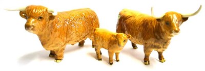 Lot 1127 - Beswick Cattle; Highland Bull, model No. 2008; Highland Cow, model No. 1740; Highland Calf,...