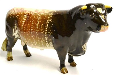 Lot 1130 - Beswick Dairy Shorthorn Bull, Ch. 'Gwersylt Lord Oxford 74th', model No. 1504, brown with cream...