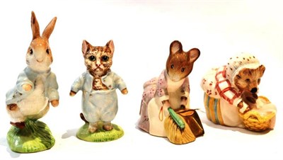 Lot 1047 - Beswick Beatrix Potter figures; 'Mrs Tiggy-Winkle Washing', BP-8a; 'Peter Rabbit', BP-9b; 'Tom...