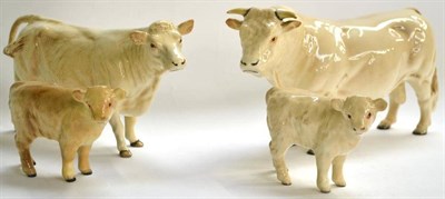 Lot 1057 - Beswick Cattle; Charolais Bull, model No. 2463A, Charolais Cow, model No. 1827B and Charolais Calf