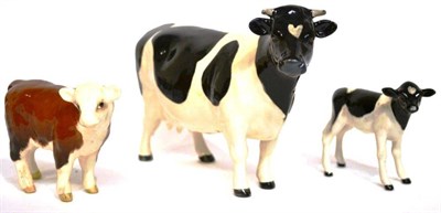 Lot 1060 - Beswick Cattle; Friesian Cow Ch. 'Claybury Leegwater', model No. 1362A, Friesian Calf, model...