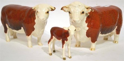 Lot 1062 - Beswick Cattle; Hereford Bull, model No. 1363A; Hereford Cow, model No. 1360; Hereford Calf,...