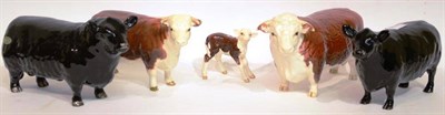 Lot 1063 - Beswick Cattle; Hereford Bull, model No. 1363A; Hereford Cow, model No. 1360; Hereford Calf,...