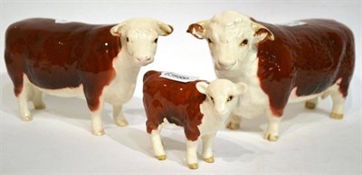 Lot 1064 - Beswick Cattle; Hereford Bull, model No. 1363A; Hereford Cow, model No. 1360; Hereford Calf,...