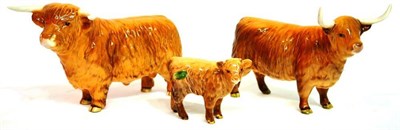 Lot 1065 - Beswick Cattle; Highland Bull, model No. 2008; Highland Cow, model No. 1740; Highland Calf,...