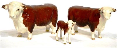 Lot 1070 - Beswick Hereford Bull, model No. 1363A; Hereford Cow, model No. 1360; Hereford Calf, model No....