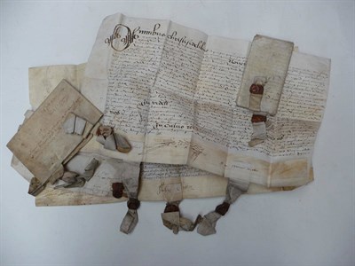 Lot 167 - Indentures Five manuscript documents on vellum comprising; tripartite indenture, James Low of...