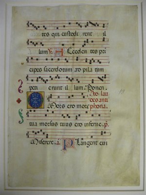 Lot 212 - Illuminated Manuscript Choirbook leaf, 'te qui custodi rent ..', Italy, 15th century,...