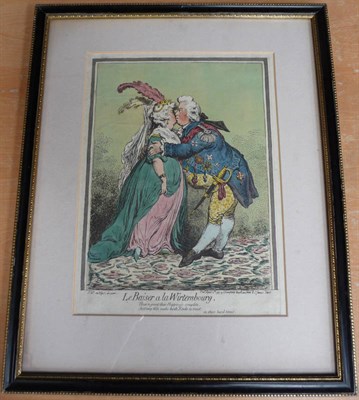 Lot 34 - Gillray (James) Le Baiser a la Wirtembourg .., 1797, hand-coloured satirical etching, 360m x 257mm