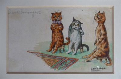 Lot 62 - Wain (Louis) Scandalmongers, nd., coloured, pen and ink sketch of three cats, visible...