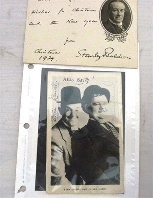 Lot 355 - A Signed Photograph of Laurel & Hardy, inscribed Hello Betty; Stanley Baldwin Christmas Card,...