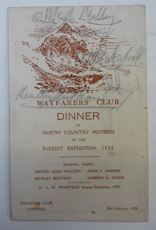 Lot 140 - 1924 Everest Expedition Wayfarers' Club Dinner to North Country Members of the Everest...