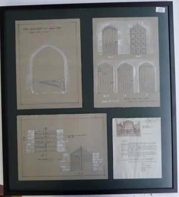 Lot 222 - Original artwork - Ironwork Three designs of bar and iron gates for Leybourne Castle, West Malling