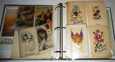 Lot 345 - Sixty Nine Embroidered Silk 1st World War Postcards, together with other cards, in an album