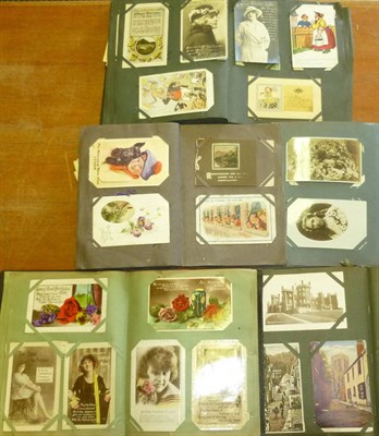 Lot 192 - Five Albums of Mixed Pre-War Postcards, including embroidered silks, greetings, glamour, comic,...