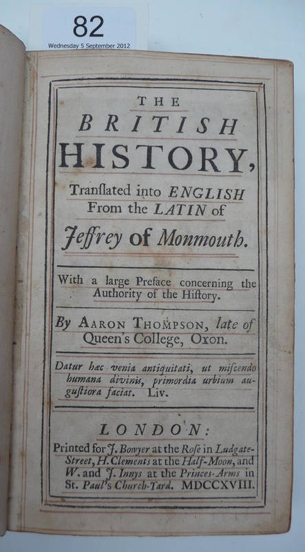 Lot 82 - Jeffrey [Geoffrey] of Monmouth The British History, translated into English from the Latin of...