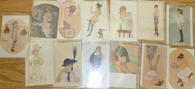 Lot 270 - Raphael Kirchner - Thirteen postcards of glamour girls by Raphael Kirchner, some semi nudes