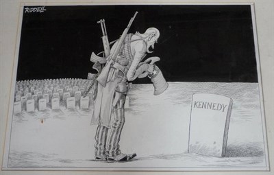 Lot 16 - Riddell [Christopher] Untitled satirical cartoon - 'Uncle Sam' carrying numerous firearms...