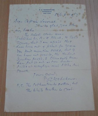 Lot 24 - Wodehouse (P.G.) Manuscript letter from the author to Captain Laverack, Oct 8, 1967, 1 page A.L.S.