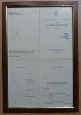 Lot 73 - Armstrong (Neil) A menu from the Royal Geographical Society, 140th Anniversary Dinner (16 Nov....