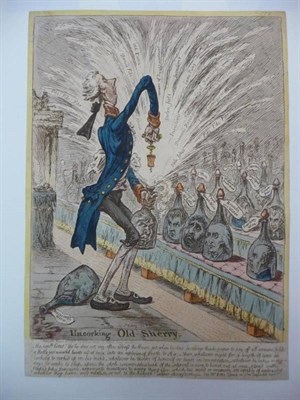 Lot 59 - Gillray (James) Uncorking Old Sherry, March 10th 1805, H. Humphrey, hand-coloured etching,...