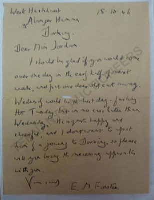 Lot 75 - Forster (E.M.) One page autograph letter signed, dated 18th October, 1946, in which Forster...